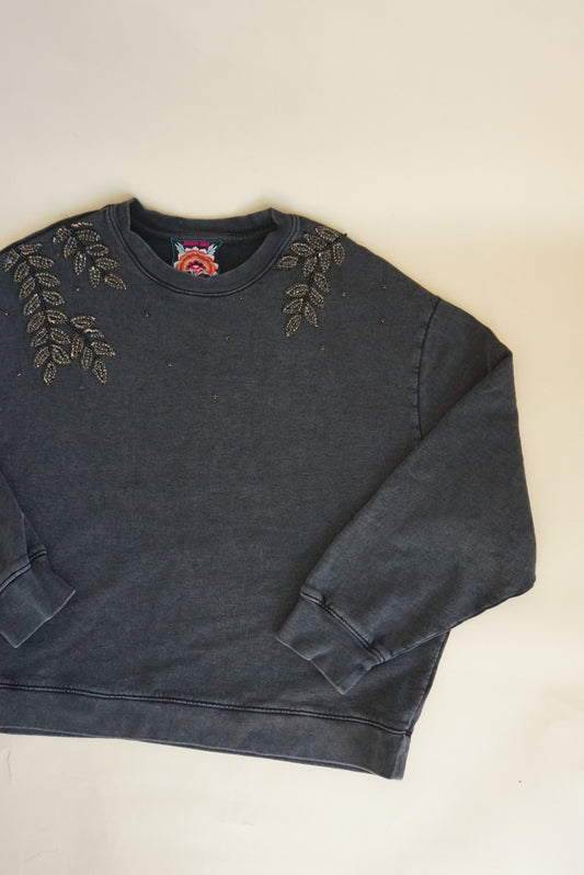 Johnny Was Rhinestone Embellished Grey Oversized Pull Over Sweater - Size XL