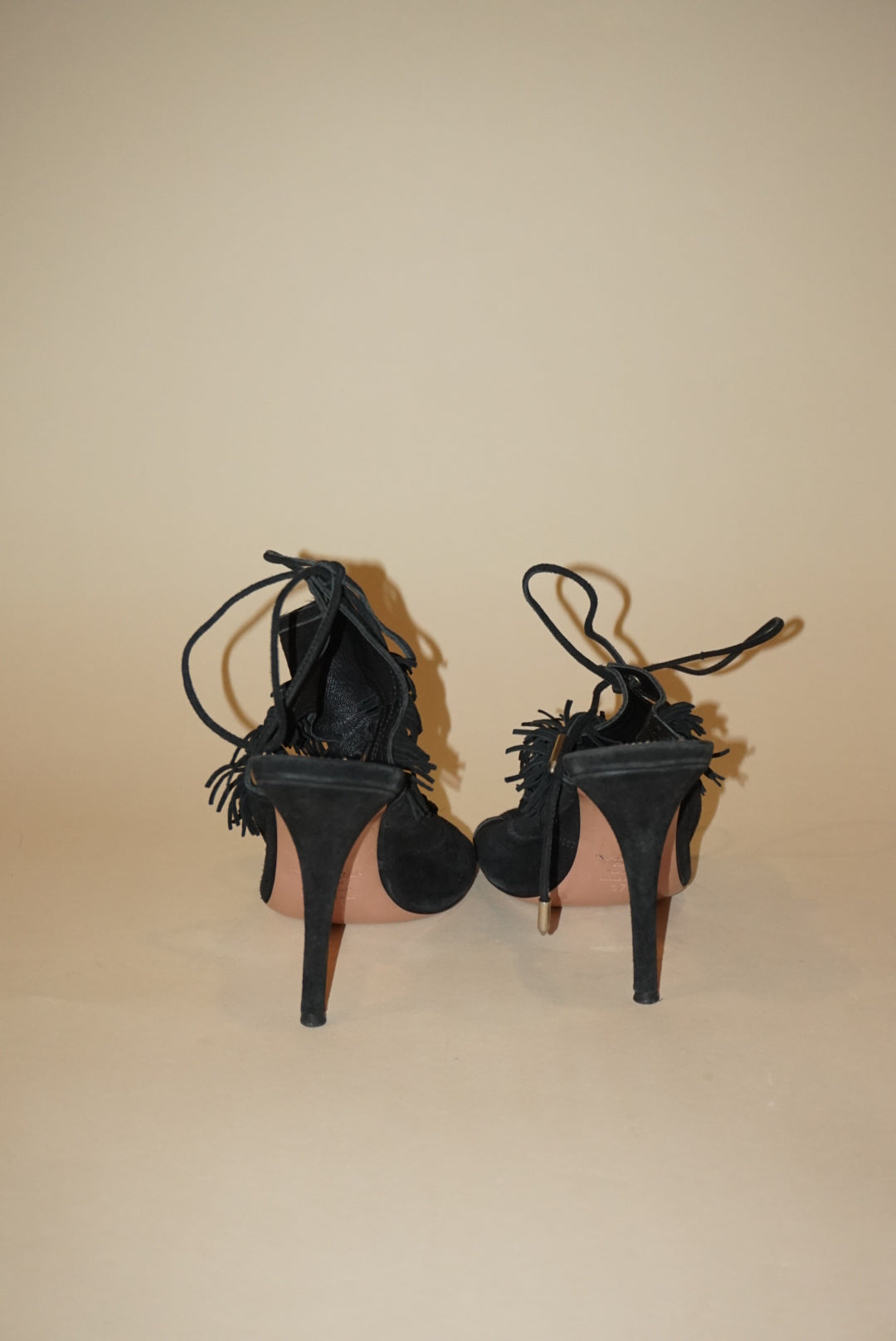 Aquazzura Fringe Gladiator Black Suede Sandal Heel - Size 37.5