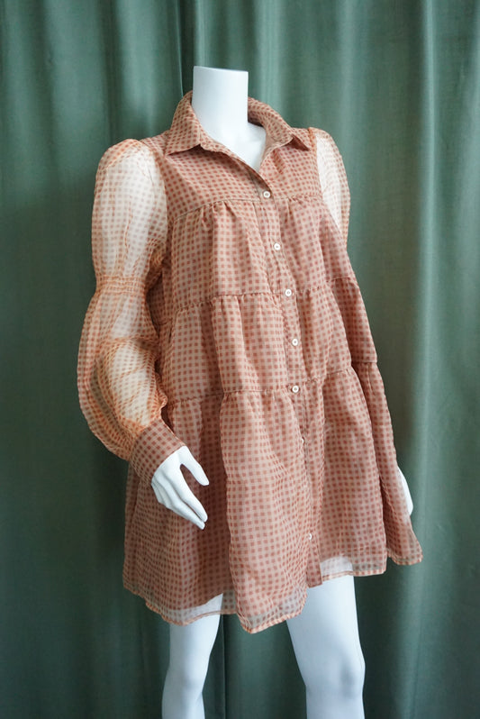 En Saison Checkered Organza Mini Baby Doll Dress - Size Medium