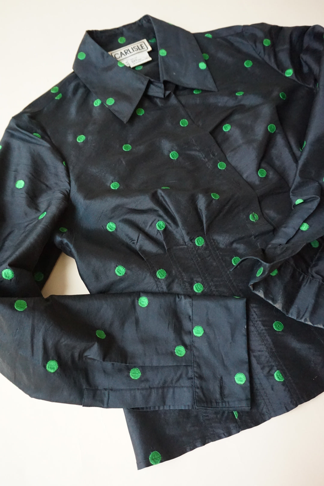 Carlisle Vintage Black Raw Silk Embroidered Green Polka Dot Blouse - Size 12