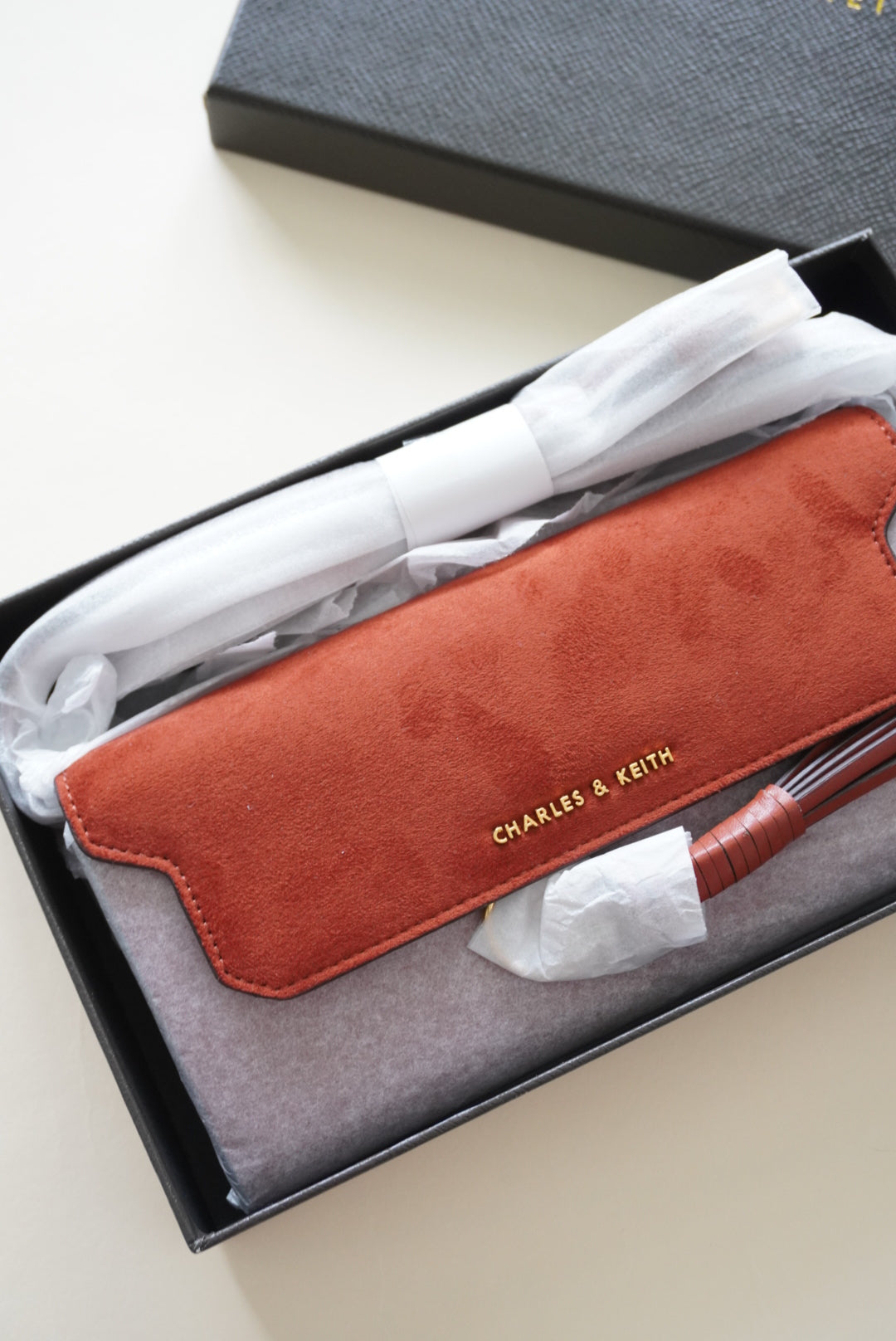 Charles & Keith Suede Orange Crossbody Tassle Wallet NIB NWT