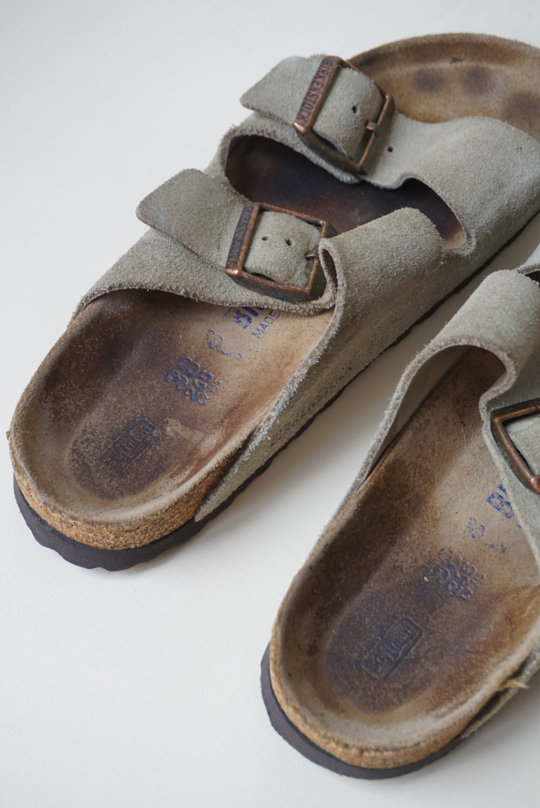 "Birkenstock" Arizona Suede Taupe "Betula" Leather Slide Sandals - Size 38