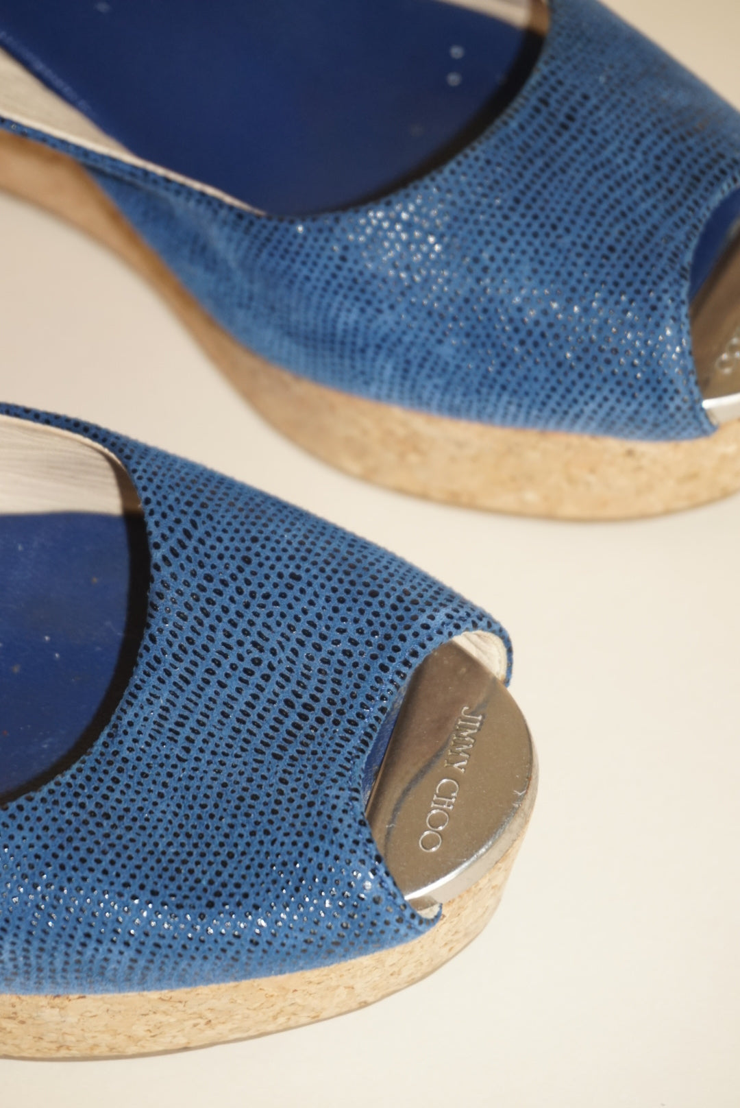 “Jimmy Choo” Royal Blue Slingback Cork Wedges - Size 38