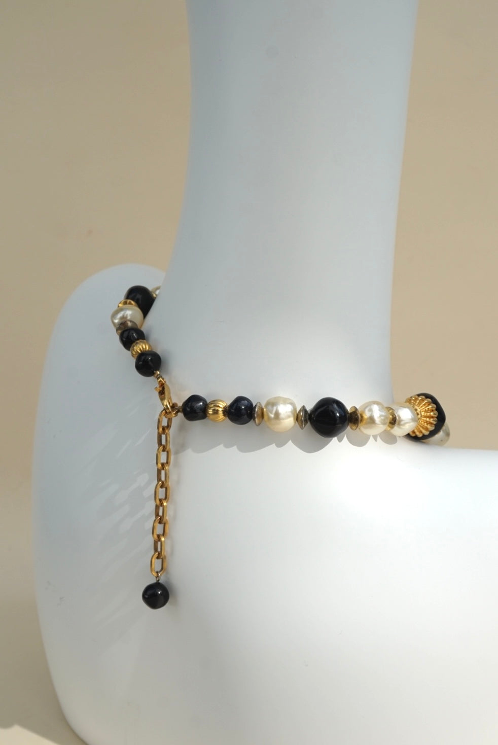 Vintage Faux Pearl Black Resin Stone Gold Costume Necklace