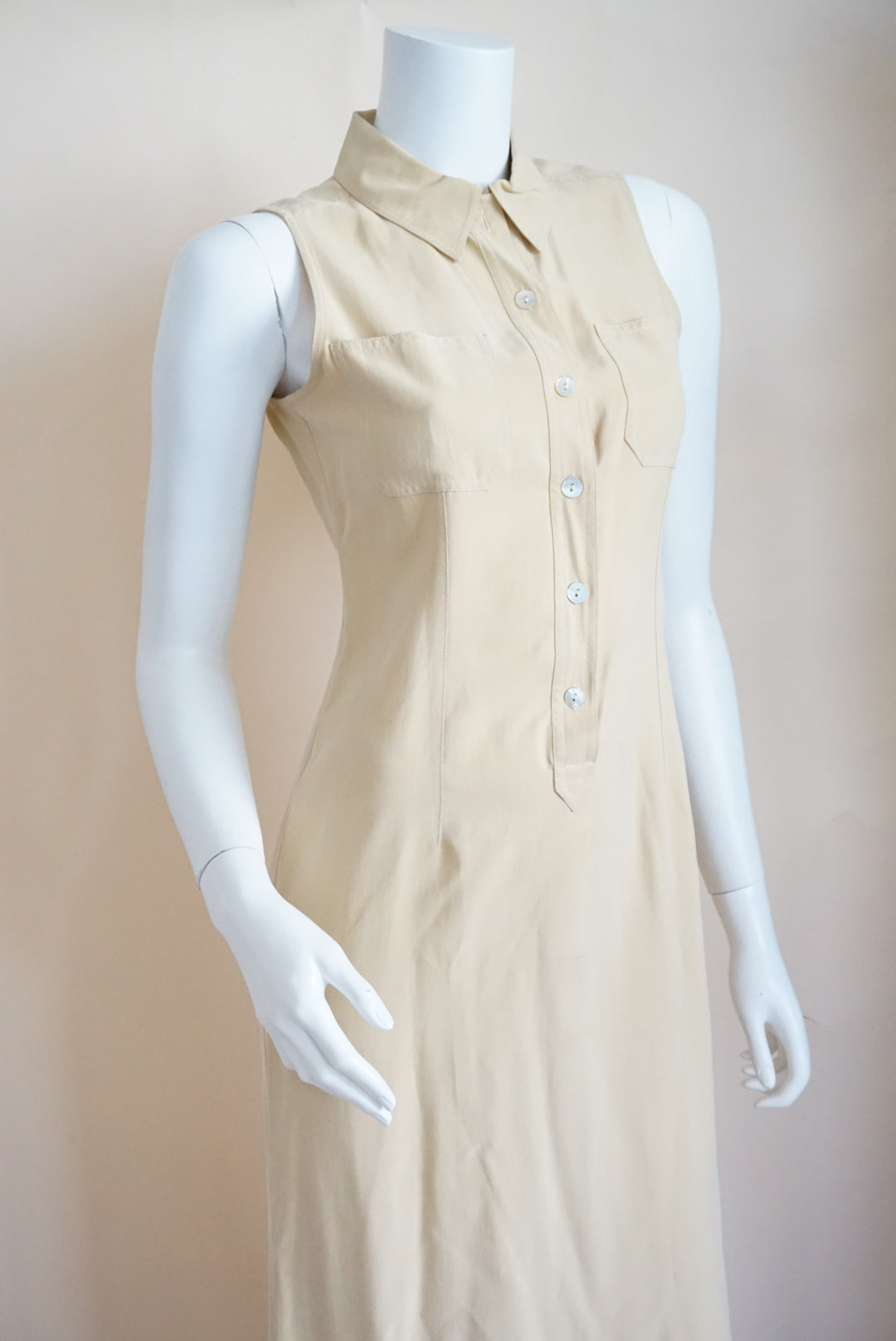 Petite Sophisticate 90's Tan Silk Sleeveless Shirt Midi Dress - Size 2