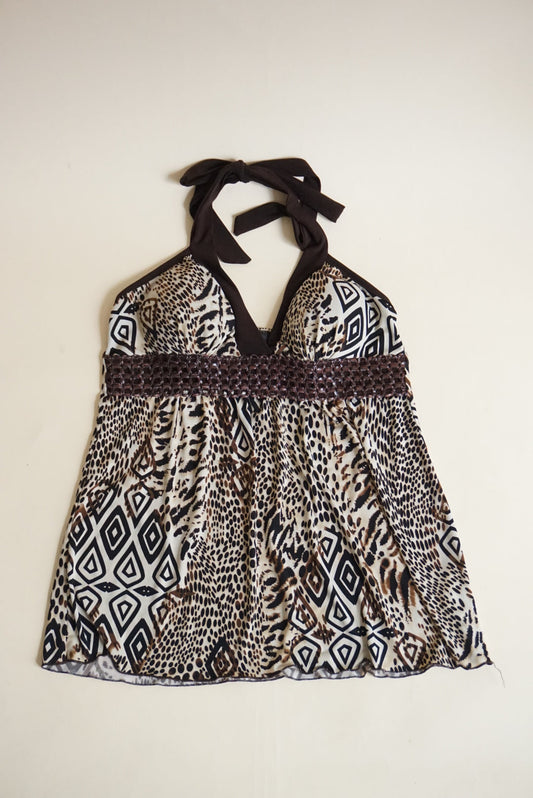 BCX Animal Print Halter Knit Leather Detail Y2K Blouse - Size Medium