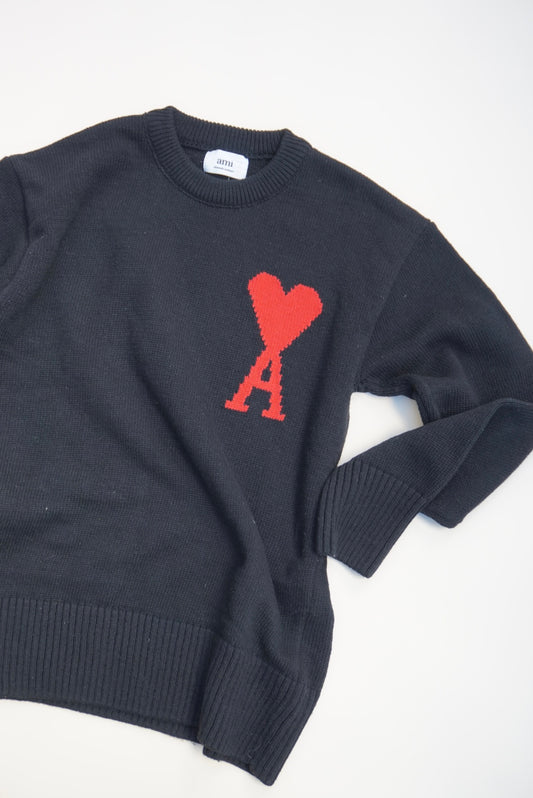 "Ami" Black/ Red Heart Logo Crewneck Pullover Sweater - Size XL