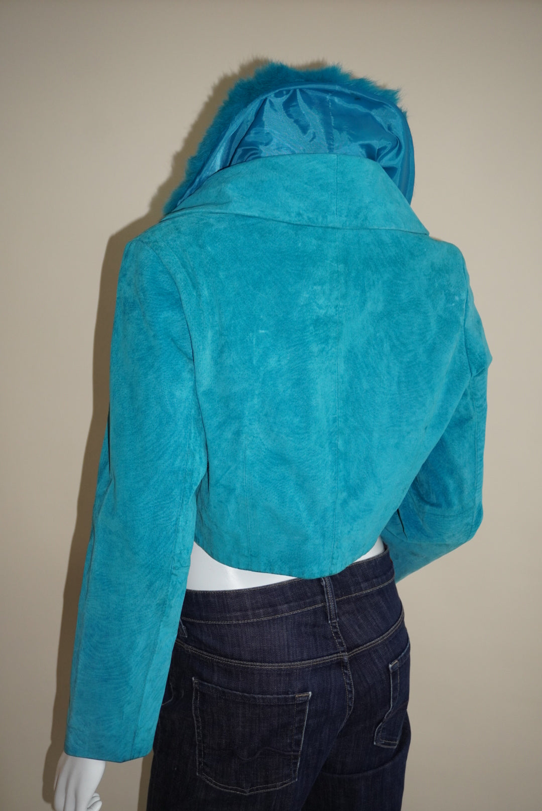Luciano Dante Y2K Turquoise Vintage Leather Rabbit Fur Collar Bolero Jacket - Size Medium