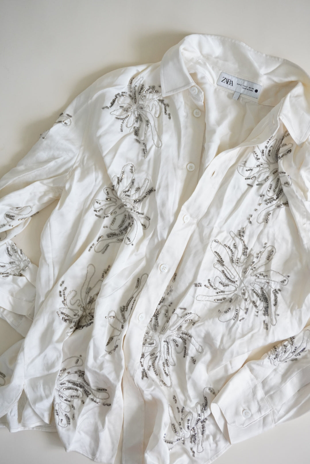 Zara Ivory Beaded Button Down Blouse - Size Small