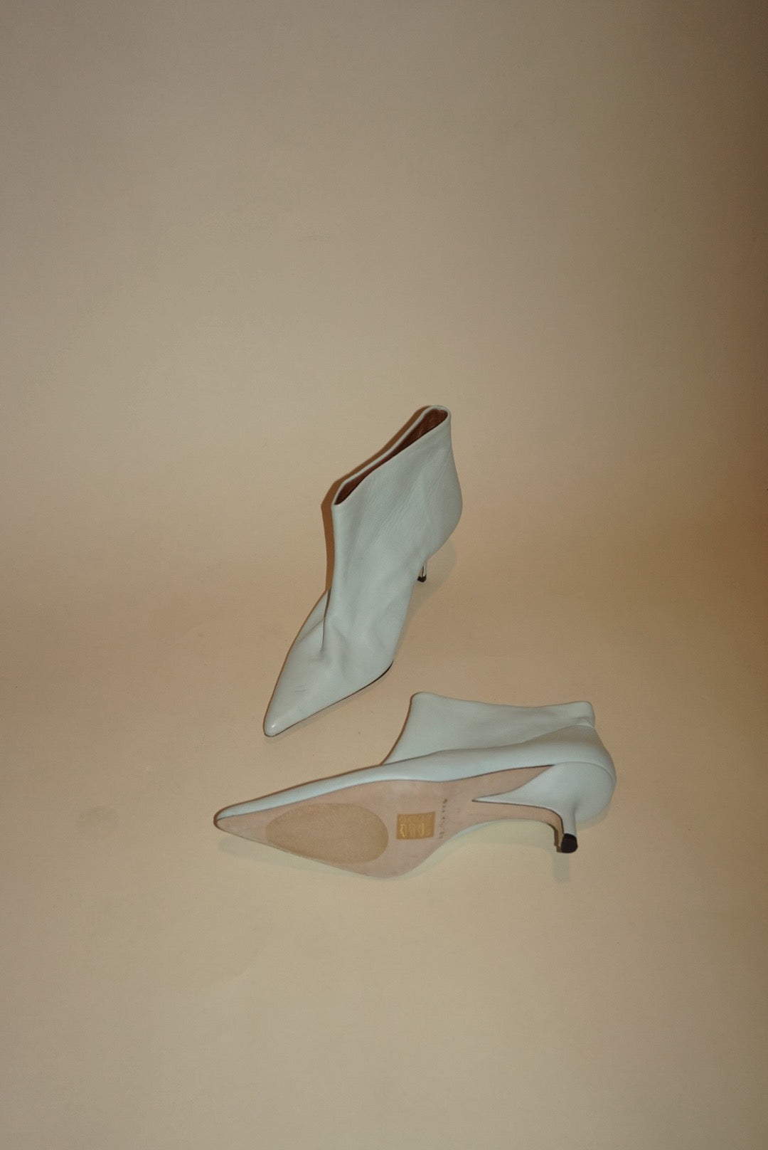 “Rejina Pyo” Pointed Bone Ankle Leather Kitten Heel Booties - Size 37