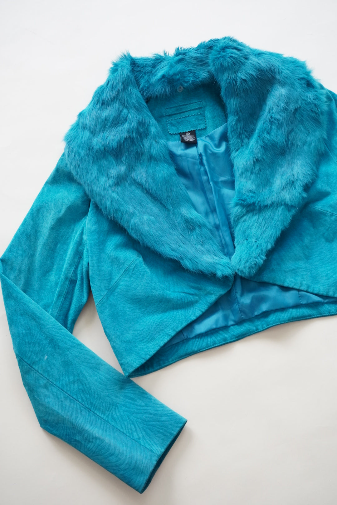 Luciano Dante Y2K Turquoise Vintage Leather Rabbit Fur Collar Bolero Jacket - Size Medium