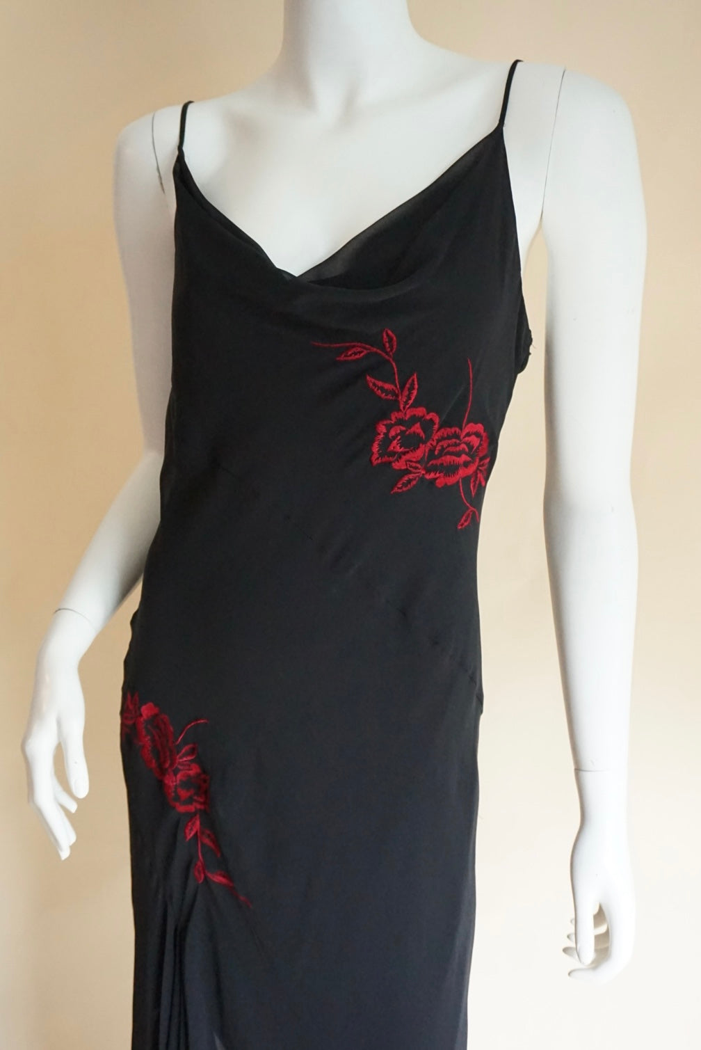 Alyn Paige 90s Vintage Black Cowl Neck Slip Embroidered Roses Maxi Dress - Size 10