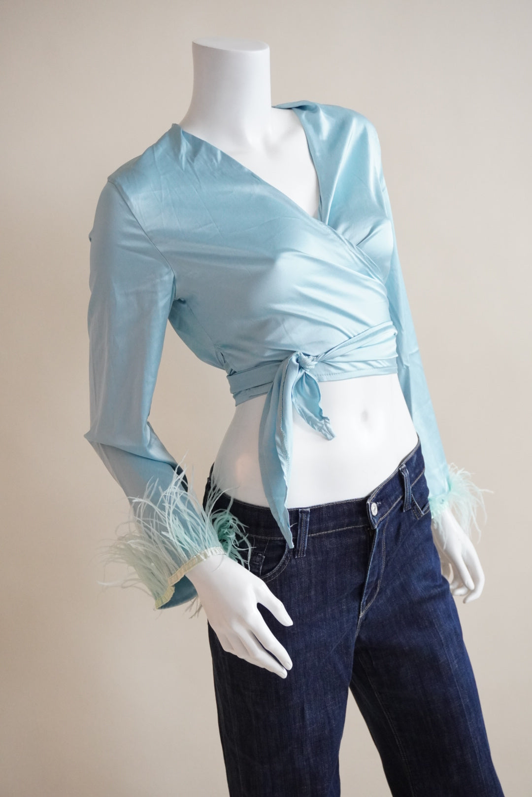 SHEIN Feather Trim Cropped Sky Blue Wrap Top