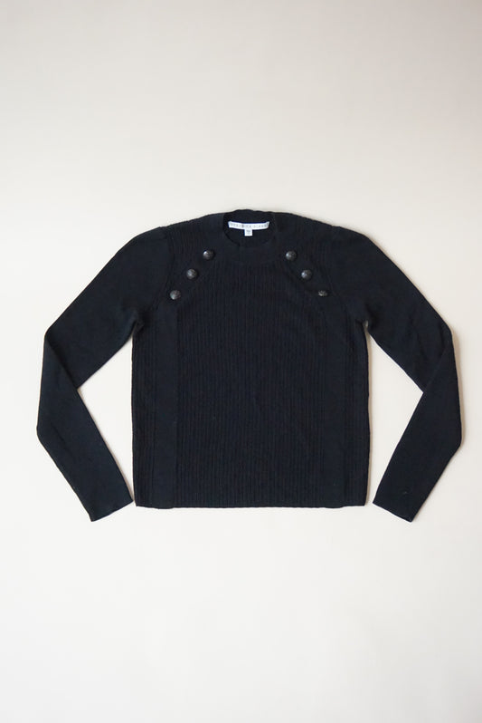 Veronica Beard Pearson Button Black Merino Wool Crew Neck Sweater - Size XS