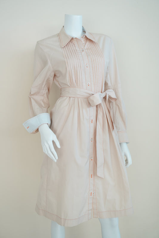 Thierry Colson Beige Orange Contrast Stitching Belted Shirtdress - Size Medium