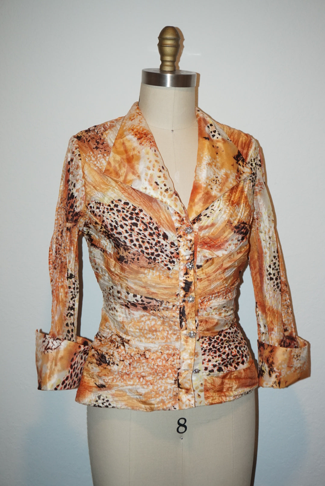 Victor Costa Vintage Crinkle Rhinestone Button Animal Print Blouse - Size 4