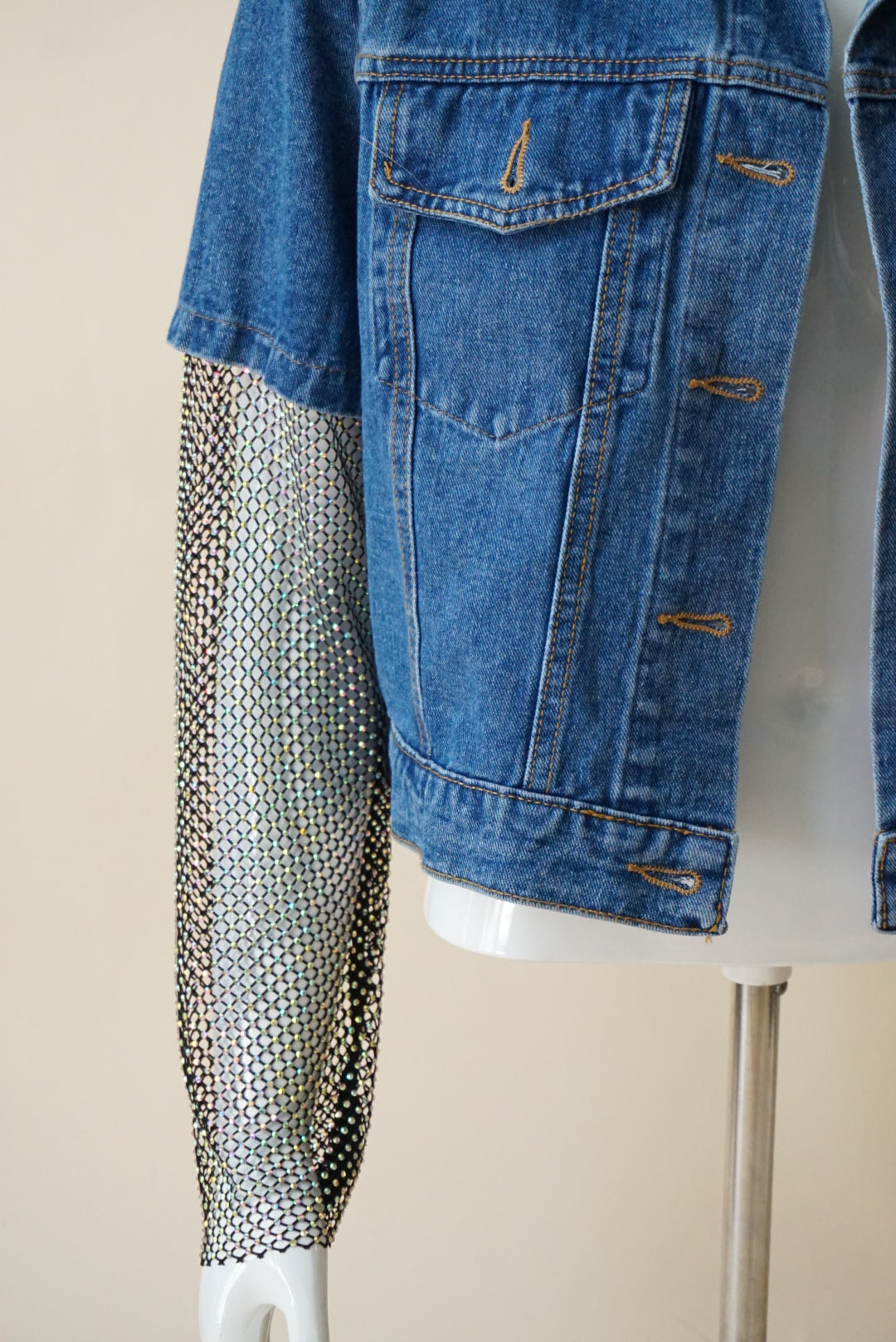 Mochy Denim Rhinestone Sleeve Cropped Jacket - Size S/M
