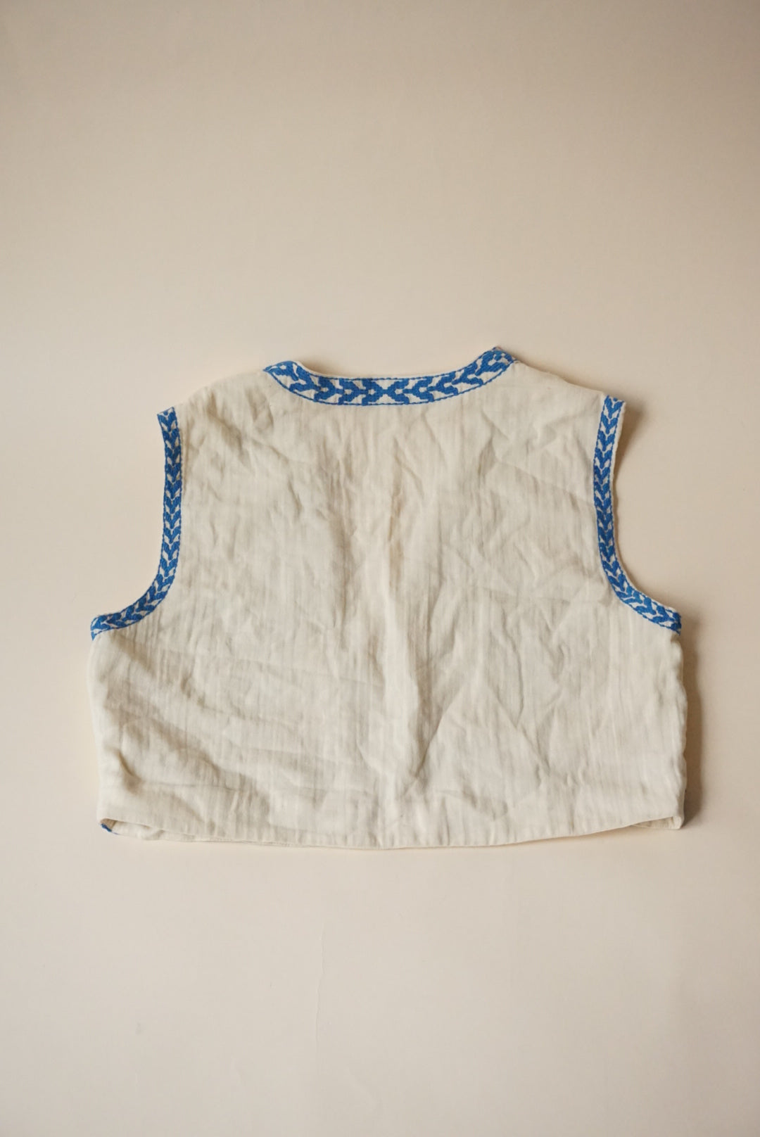 Zara Embroidered Linen Blue / Ivory Boho Vest - Size Large