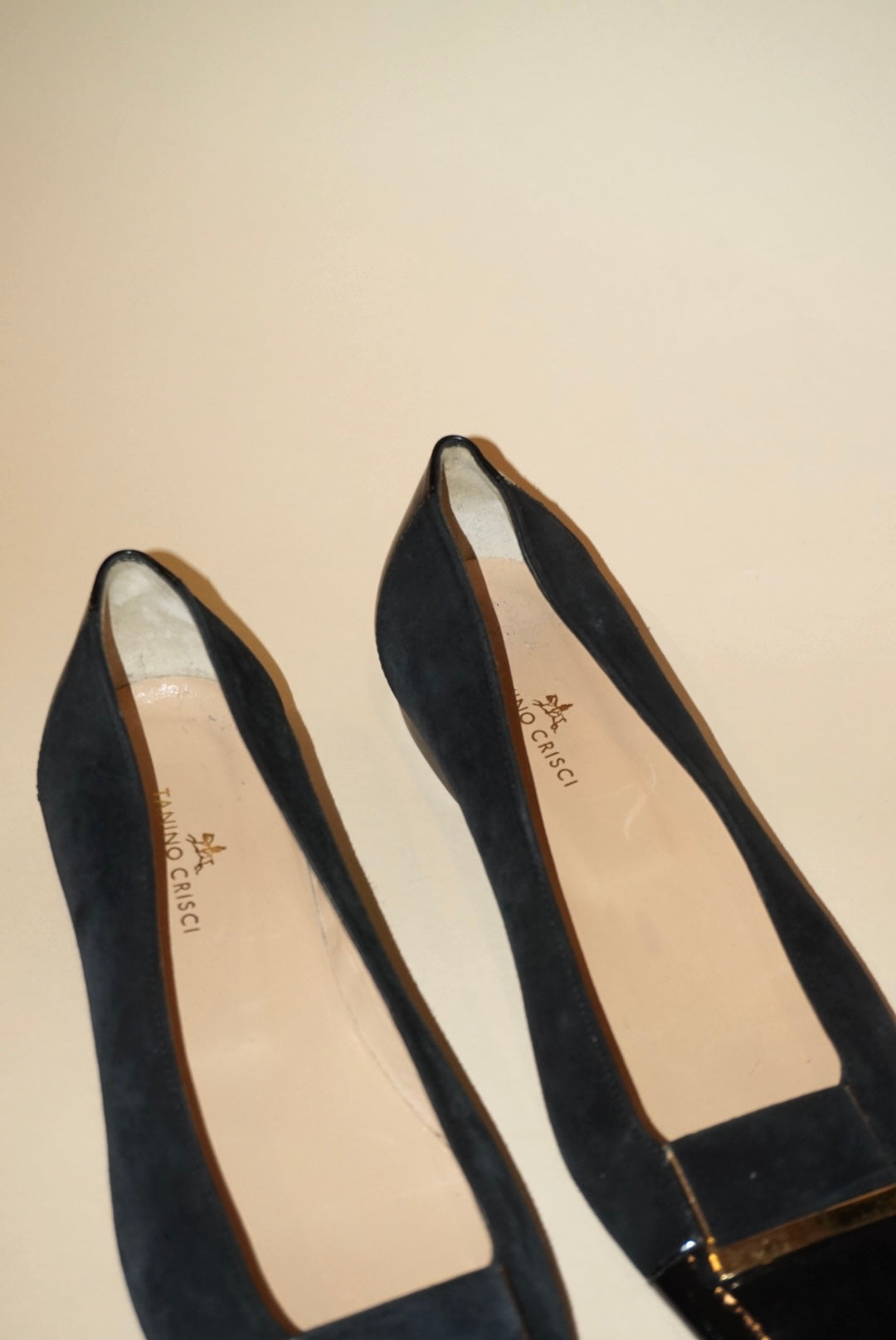 Tanino Crisci Suede Square Toe Black Gold Accent Flats - Size 39