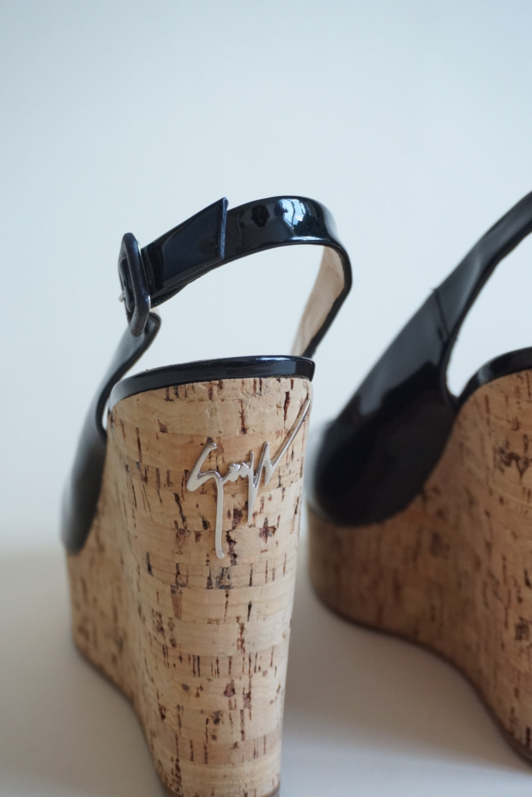 “Giuseppe Zanotti” Black Patent Leather Peep Toe Cork Wedges - Size 38