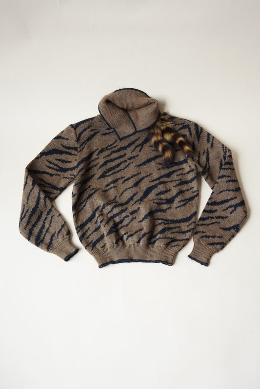 Vintage Sunbow 2 80s Brown Black Tiger Striped Pullover Sweater With Real Fox Tails - Size Medium