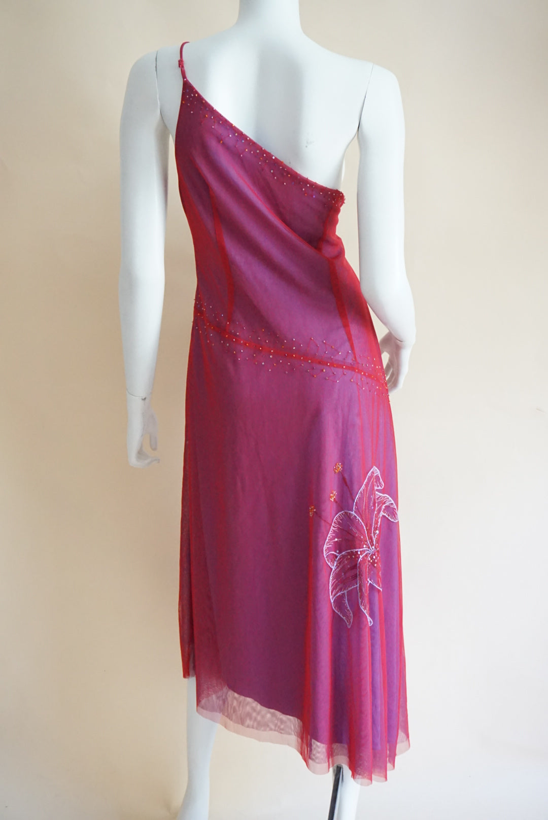 BCBGMAXAZRIA Red/Purple Lily Embroidered Beaded Y2K One Shoulder Maxi Dress - Size Large