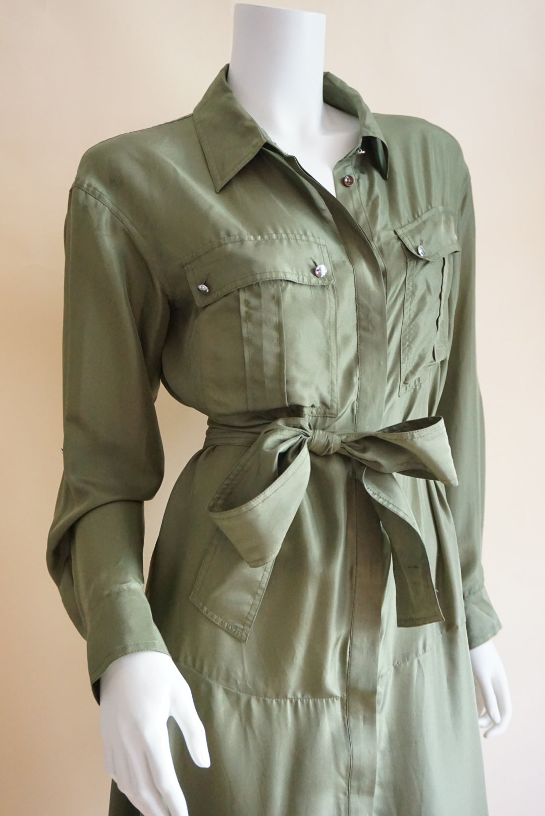Veronica Beard Camille Olive Green Belted Utility Silk Midi Shirt Dress - Size 8