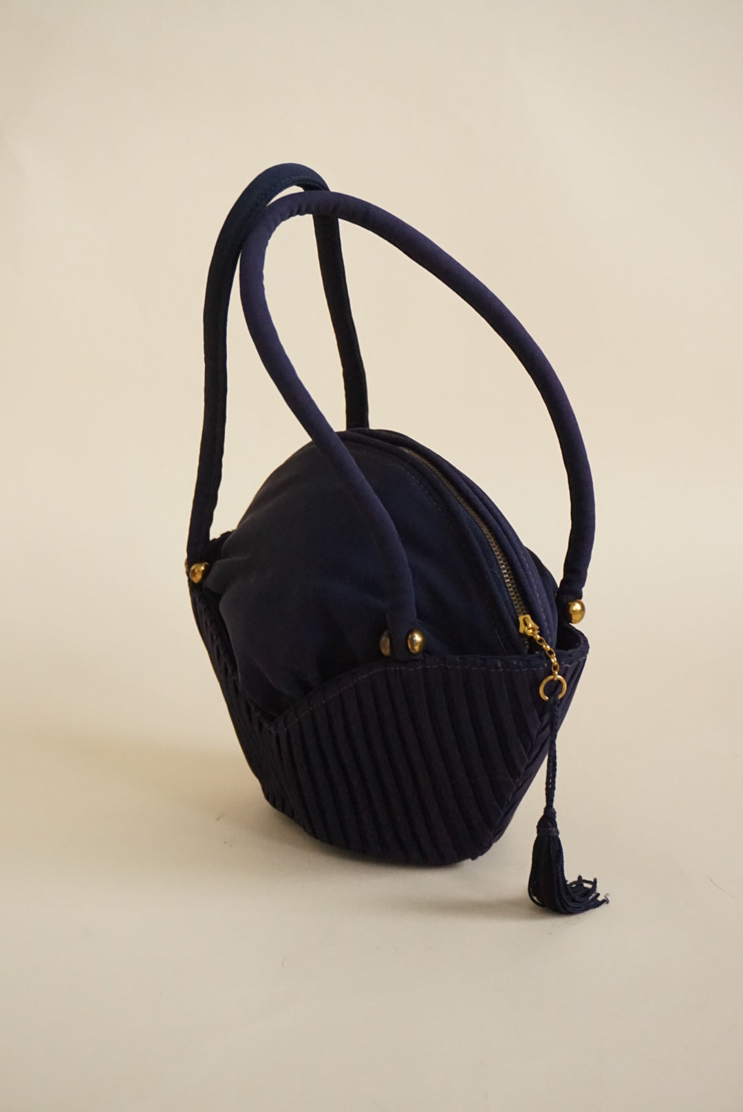 Vintage Boat Navy Blue Pleated Basket Boat Tassle Handbag