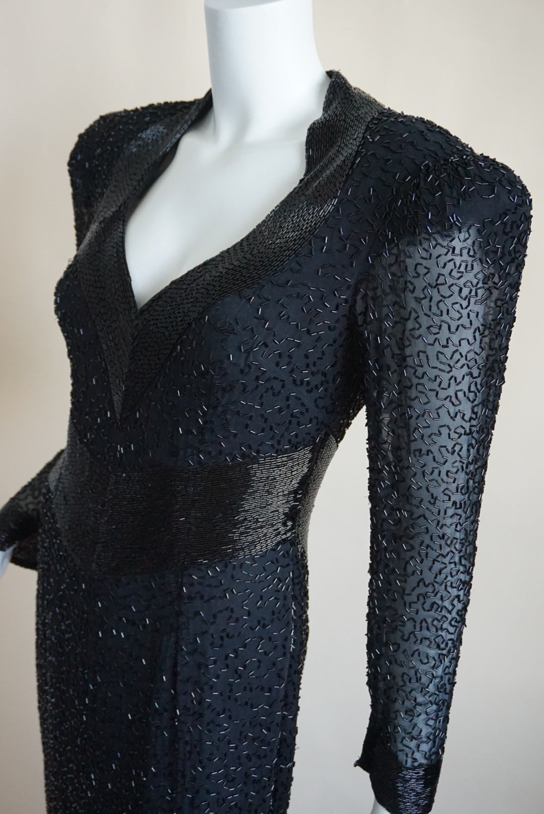 Lillie Rubin Exclusive Vintage Beaded Open Back Black Silk Statement Gown - Size 8