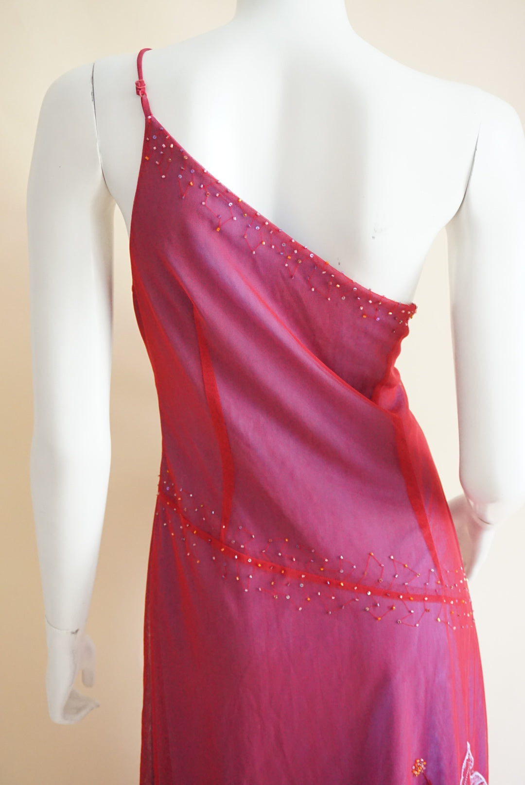 BCBGMAXAZRIA Red/Purple Lily Embroidered Beaded Y2K One Shoulder Maxi Dress - Size Large