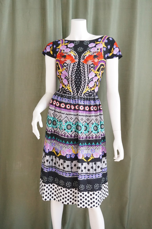 Temperley London Cherise Printed Cap Sleeve Pleated Dress - Size 8