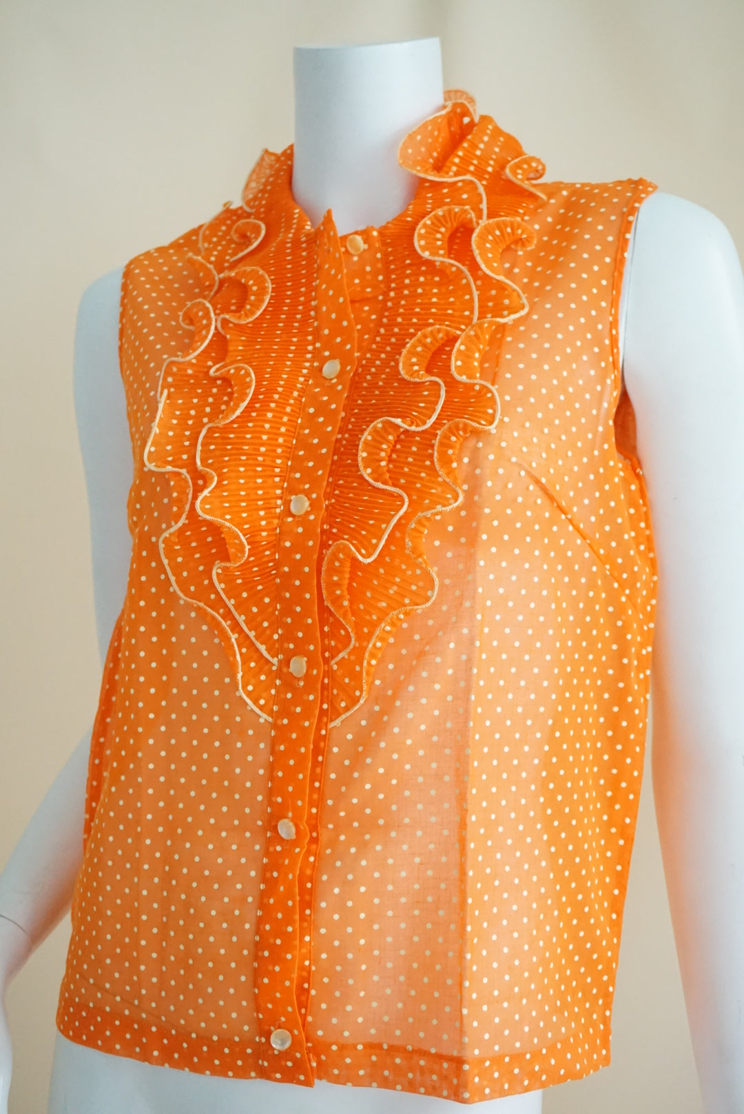 Collegiana Vintage 70's  Polka Sheer Ruffle Neck Blouse ILGWU- Size 34