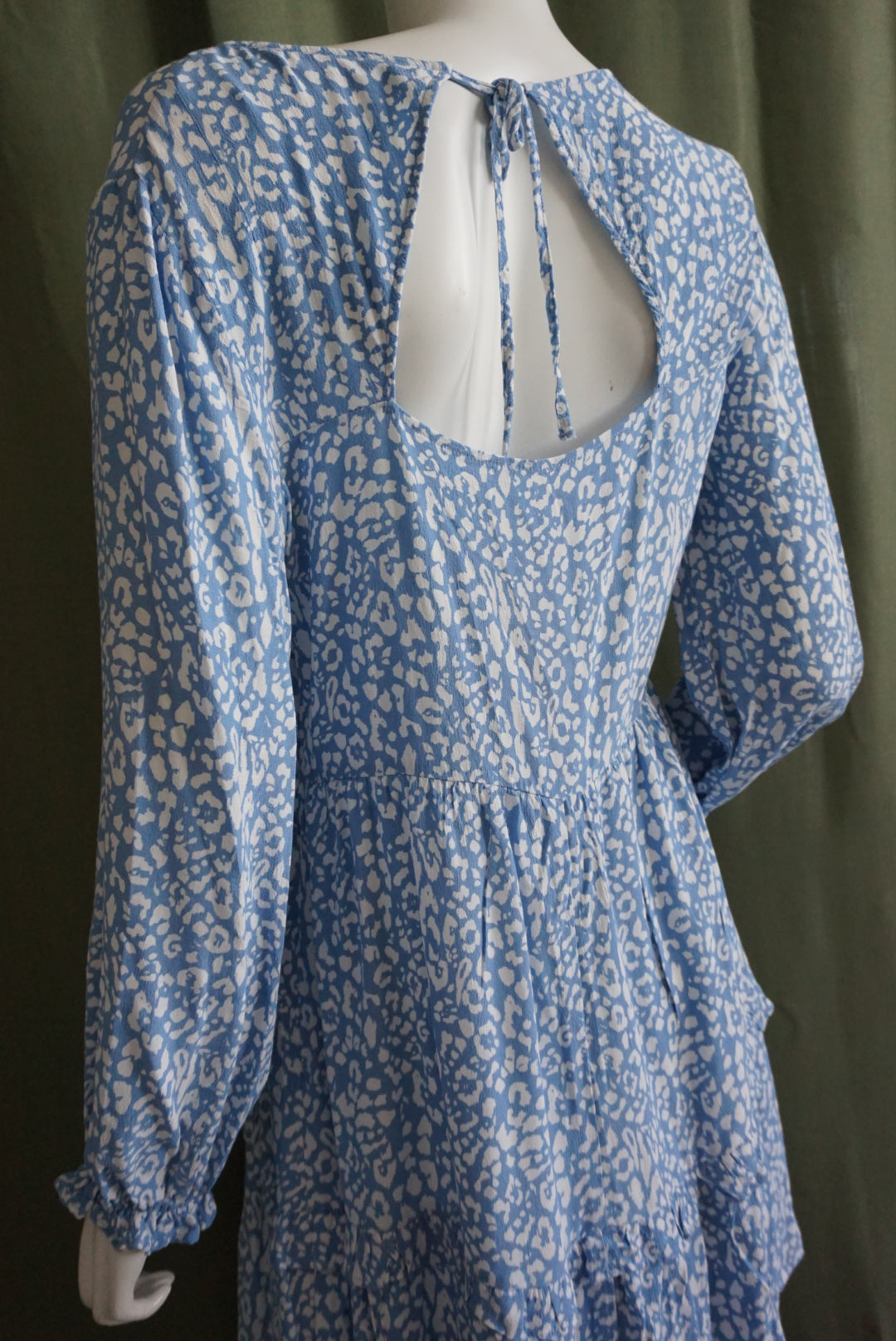 Zara Blue & White Mini Ruffle Open Back Plunge Dress - Size Large