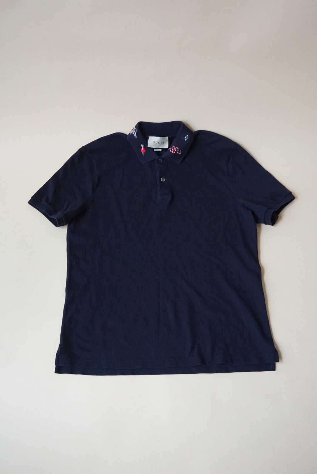Gucci Men's Navy Embroidered Collar Detail Polo - Size XXL