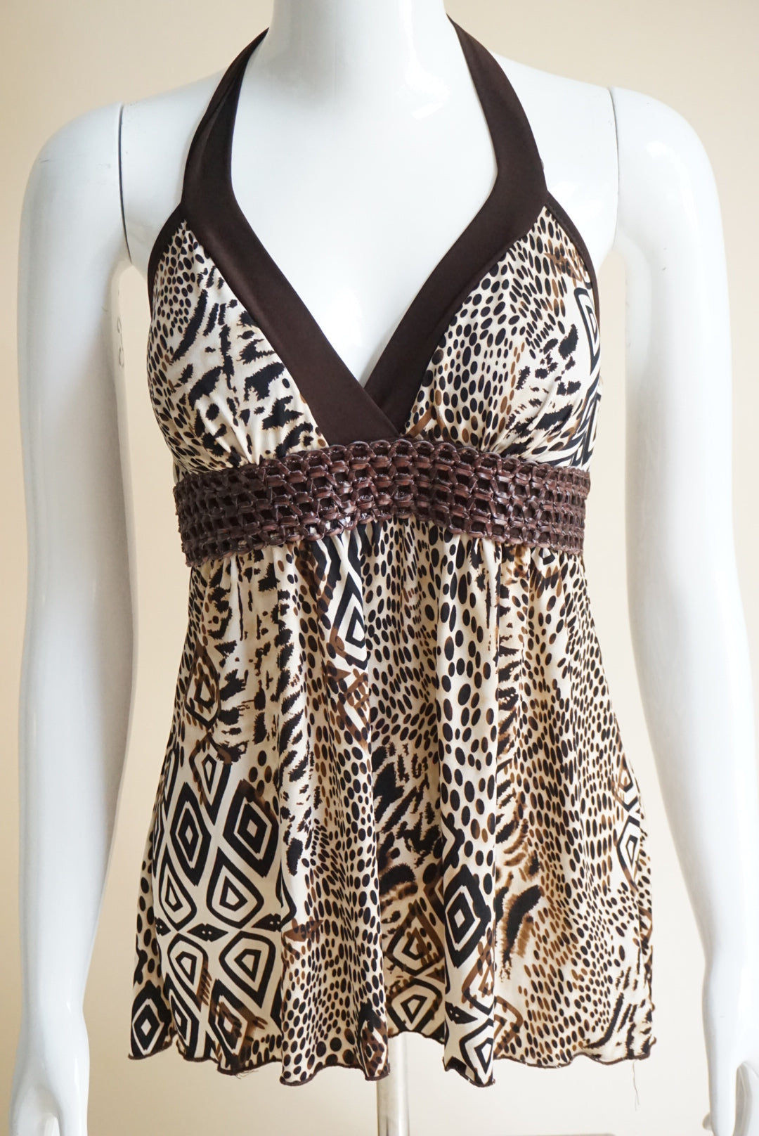 BCX Animal Print Halter Knit Leather Detail Y2K Blouse - Size Medium