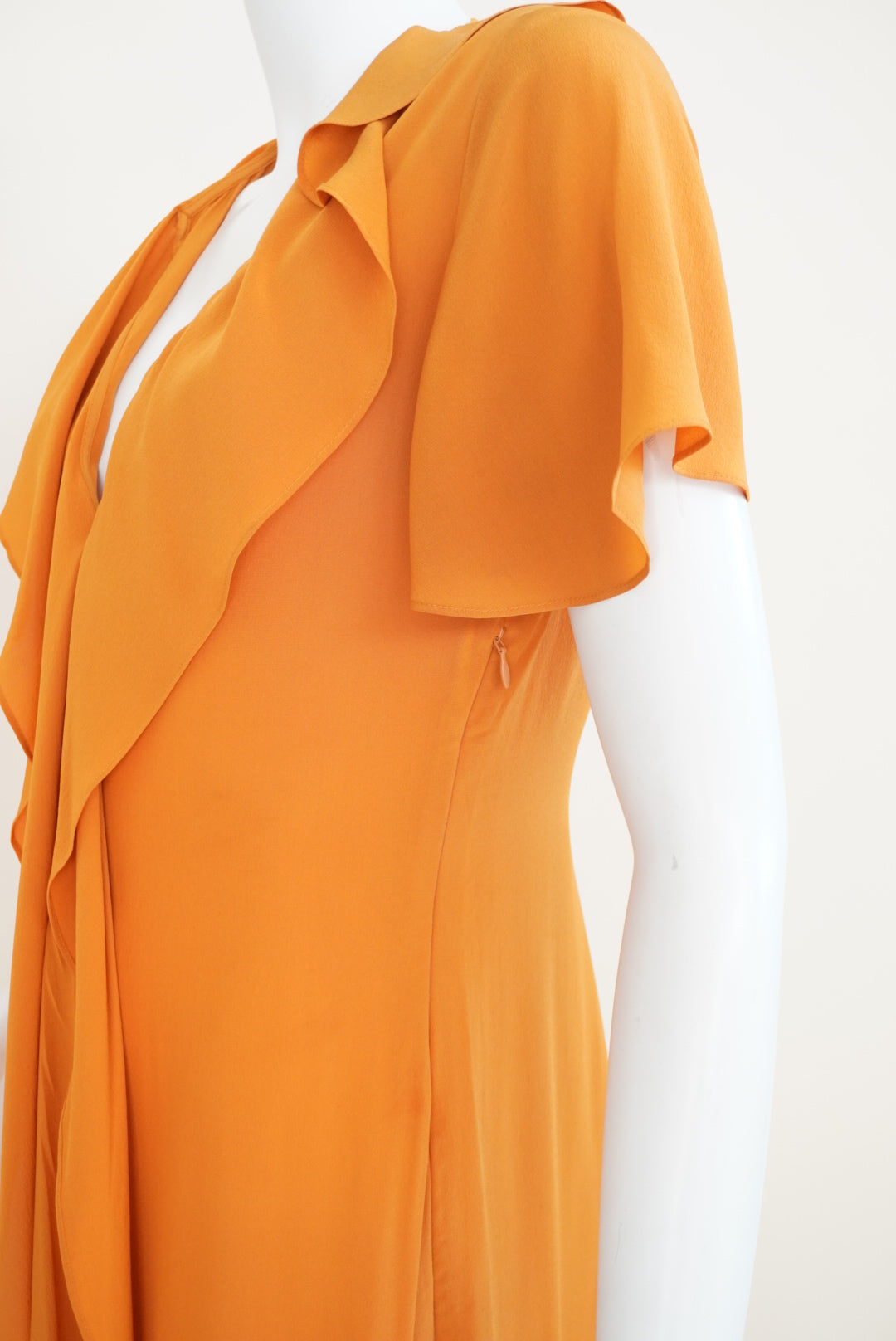 Victoria Beckham Mustard Silk Made in Italy Ruffle Plunge Neck Dress