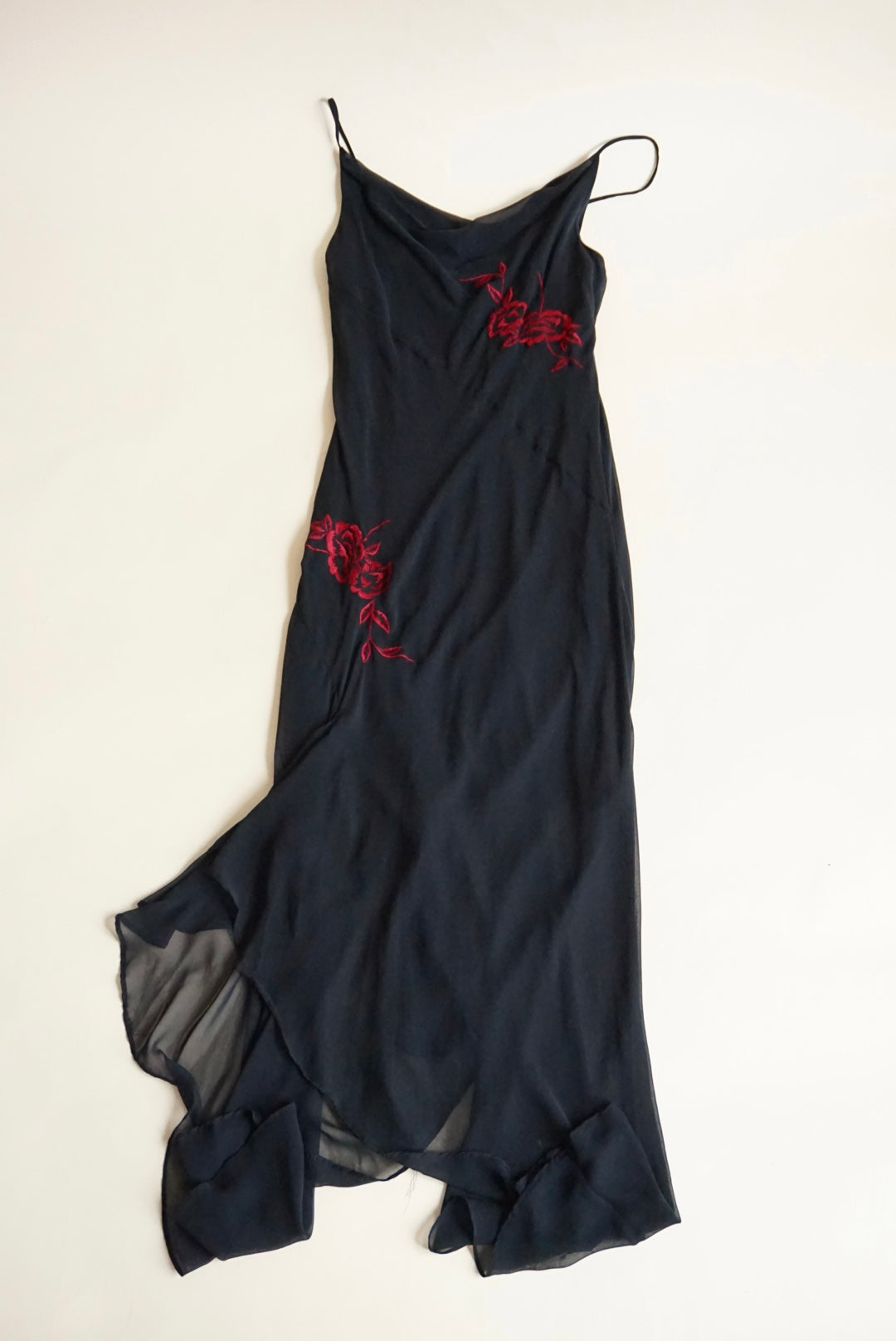 Alyn Paige 90s Vintage Black Cowl Neck Slip Embroidered Roses Maxi Dress - Size 10