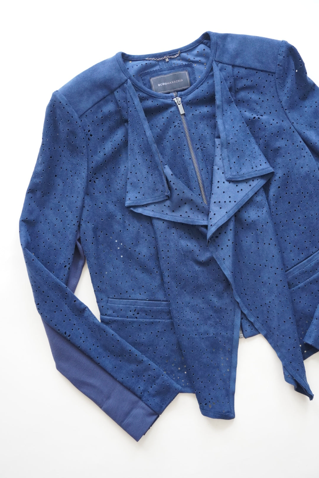 BCBGMAXAZRIA Eliot Navy Suede Perforated Ruffle Lapel - Size Large