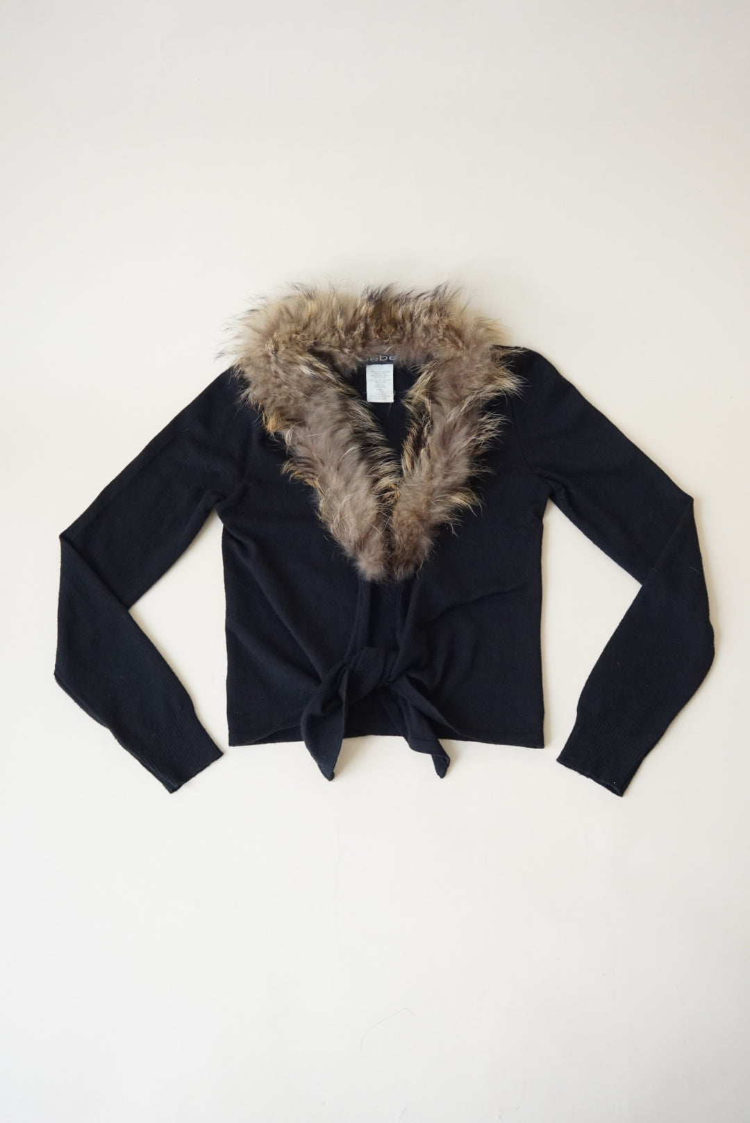Bebe Y2K Vintage Black Fur Trim Tie Waist Cardigan - Size Medium