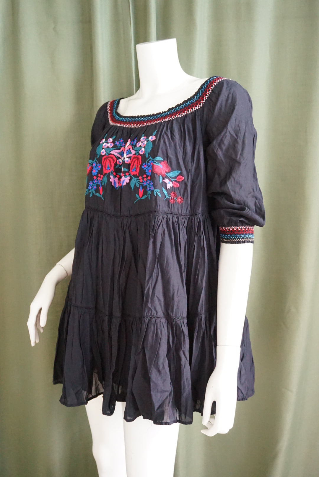 Free People Floral Embroidered Mini Shirred Black Cotton Dress - Size Medium