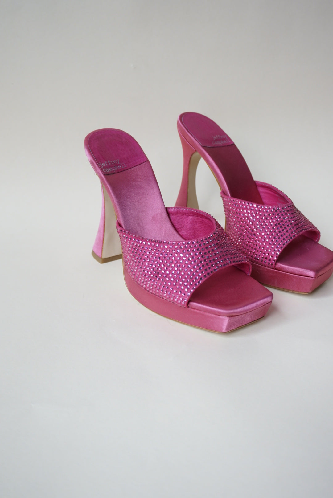 "Jeffrey Campbell" Rhinestone Pink Satin Heeled Mules - Size 7.5
