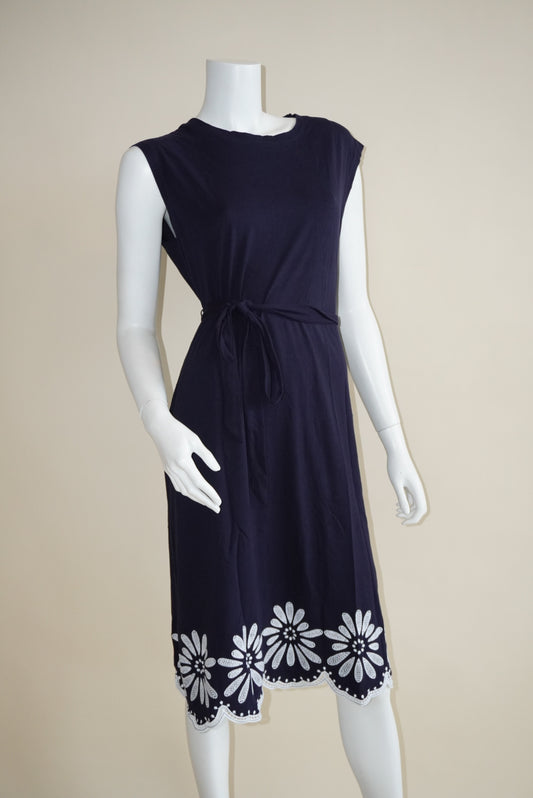 Talbots Navy Blue Knit Belted Sleeveless Eyelet Embroidered Midi Dress NWT - Size PL