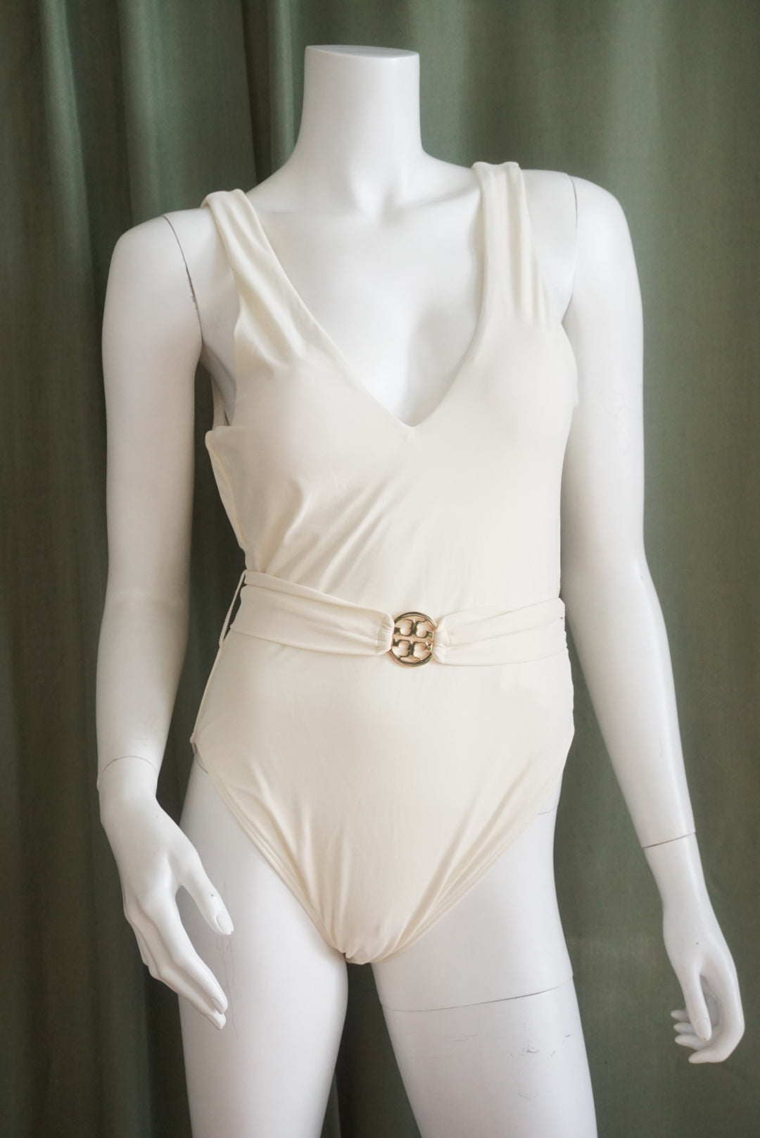 Tory Burch One Piece “Miller” Plunge White Logo Belted Swimsuit NWT - Size Large