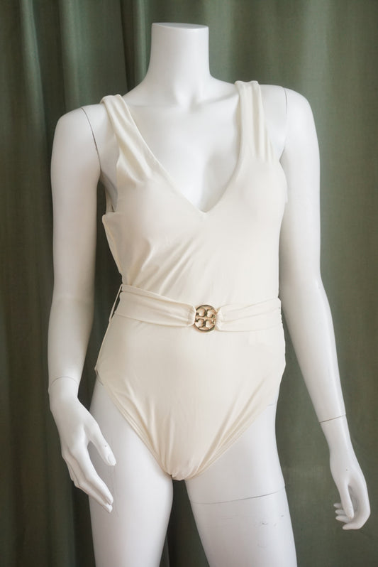 Tory Burch One Piece “Miller” Plunge White Logo Belted Swimsuit NWT - Size Large