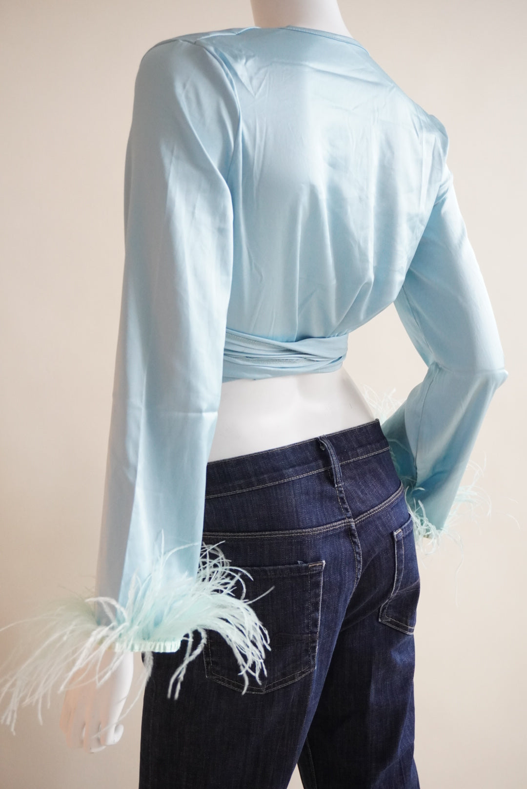 SHEIN Feather Trim Cropped Sky Blue Wrap Top