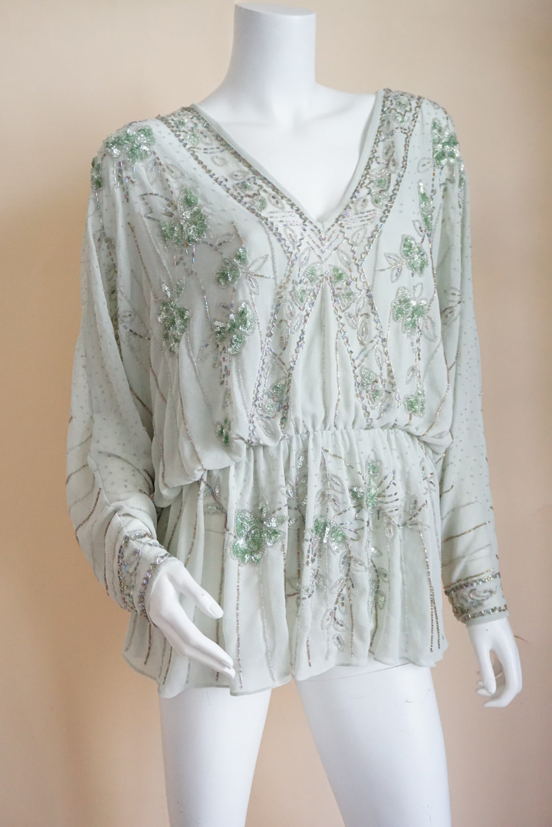 Asos Sage Beaded Embellished Dolman Sleeve Sheer Open Back Tunic Blouse - Size 8