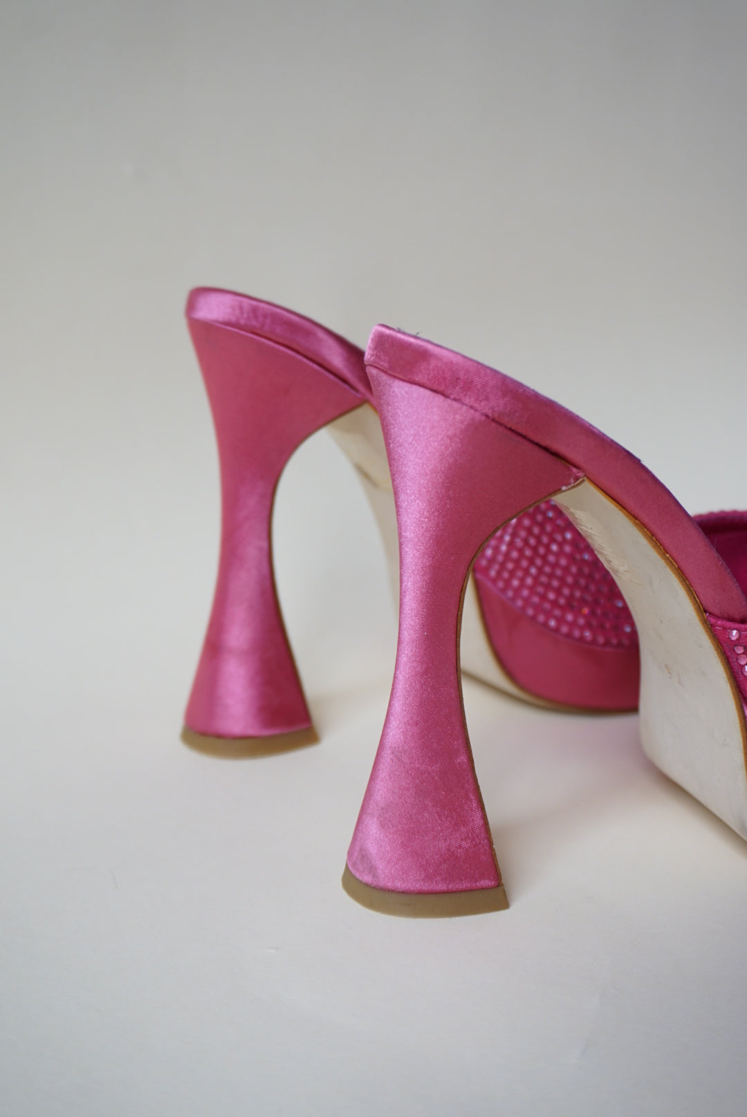 "Jeffrey Campbell" Rhinestone Pink Satin Heeled Mules - Size 7.5