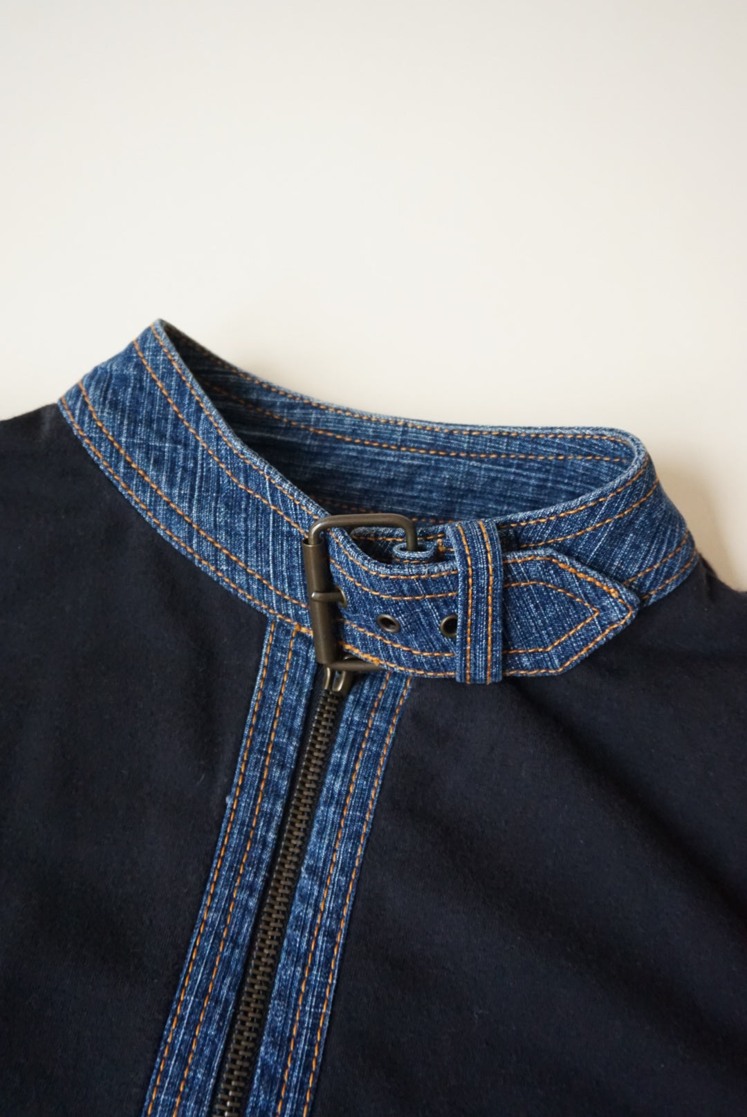 DKNY Active Vintage Knit Moto Black / Blue Denim Jacket - Size Medium