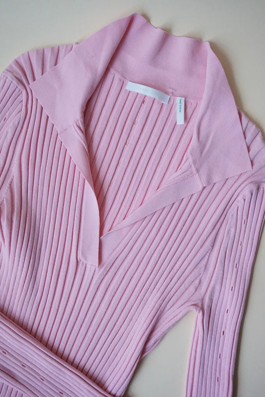 "Helmut Lang" Pink Ribbed Knit Slash Polo Top - Size Large