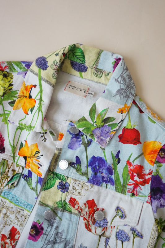 Alice + Olivia Denim "Chloe" Boxy Floral Patchwork Print Cropped Jacket - Size XS